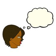 cartoon woman raising eyebrow with thought bubble N10