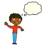 cartoon happy boy waving with thought bubble N10