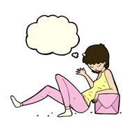 cartoon woman leaning on package box with thought bubble N5