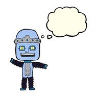 cartoon waving robot with thought bubble N10