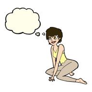 cartoon happy woman sitting on floor with thought bubble N10