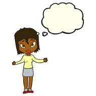 cartoon woman shrugging shoulders with thought bubble N219