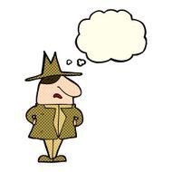 cartoon man in coat and hat with thought bubble N5