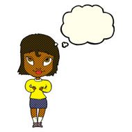 cartoon woman gesturing at self with thought bubble N12