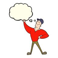 cartoon man striking heroic pose with thought bubble N5