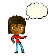 cartoon relaxed woman pointing with thought bubble N5
