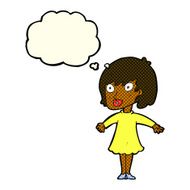 cartoon woman wearing dress with thought bubble N5