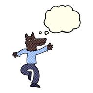 cartoon happy wolf man with thought bubble N8