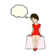cartoon curious woman sitting with thought bubble N5