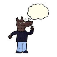 cartoon happy wolf man with thought bubble N9
