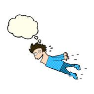 cartoon drenched man flying with thought bubble N2