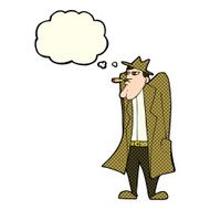 cartoon man in hat and trench coat with thought bubble N5