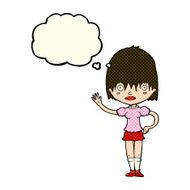 cartoon waving woman with thought bubble N60
