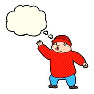 cartoon man in hat waving with thought bubble N5