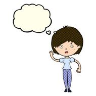 cartoon waving woman with thought bubble N61