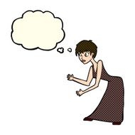 cartoon woman in dress gesturing with thought bubble N5