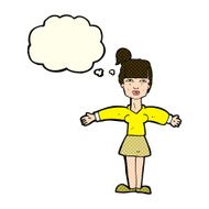 cartoon woman shrugging shoulders with thought bubble N221