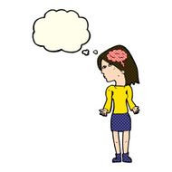 cartoon clever woman shrugging shoulders with thought bubble N5