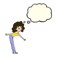 cartoon woman reaching to pick something up with thought bubble N5