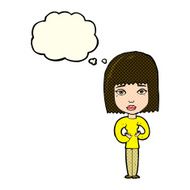 cartoon woman indicating self with thought bubble N5