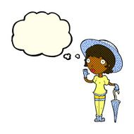 cartoon woman in summer hat waving with thought bubble N5