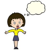 cartoon woman shrugging shoulders with thought bubble N222
