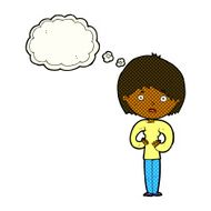 cartoon woman making Who Me? gesture with thought bubble N21