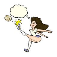 cartoon female soccer player kicking ball with thought bubble N5