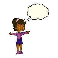 cartoon happy woman pointing with thought bubble N31