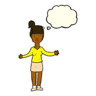 cartoon woman shrugging shoulders with thought bubble N226