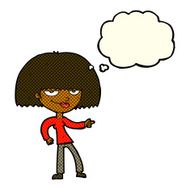 cartoon happy woman pointing with thought bubble N32
