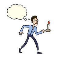 cartoon frightened man walking with candlestick thought bub N5