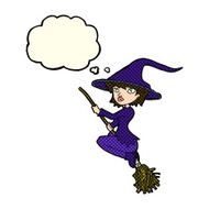 cartoon witch riding broomstick with thought bubble N10