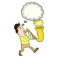 cartoon man blowing saxophone with thought bubble