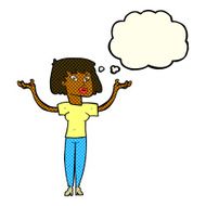 cartoon woman holding up hands with thought bubble N8