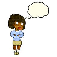 cartoon woman making Who Me? gesture with thought bubble N22