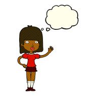 cartoon woman waving with thought bubble N164