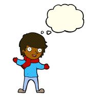 cartoon boy in winter clothes with thought bubble N4