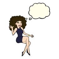 cartoon sitting woman waving with thought bubble N5