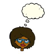 cartoon woman wearing spectacles with thought bubble N20