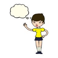cartoon woman waving with thought bubble N165