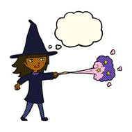 cartoon witch girl casting spell with thought bubble N9