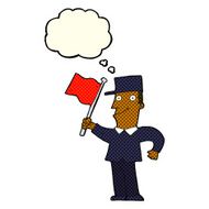 cartoon man waving flag with thought bubble N6