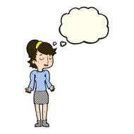 cartoon woman shrugging shoulders with thought bubble N228