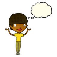 cartoon woman holding arms in air with thought bubble N6
