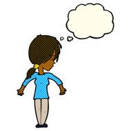 cartoon woman shrugging shoulders with thought bubble N229