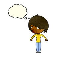 cartoon woman shrugging with thought bubble N31