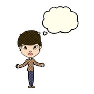 cartoon woman shrugging shoulders with thought bubble N231