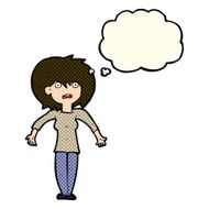 cartoon woman shrugging shoulders with thought bubble N232