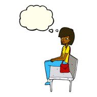 cartoon woman sitting on bench with thought bubble N6